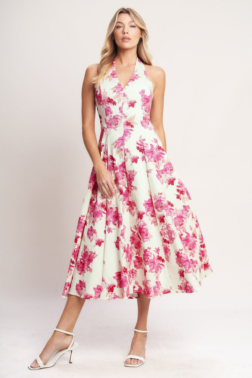 Rosy Afternoon Woven Midi Dress - Ivory Fuchsia Floral