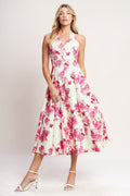 Rosy Afternoon Woven Midi Dress - Ivory Fuchsia Floral