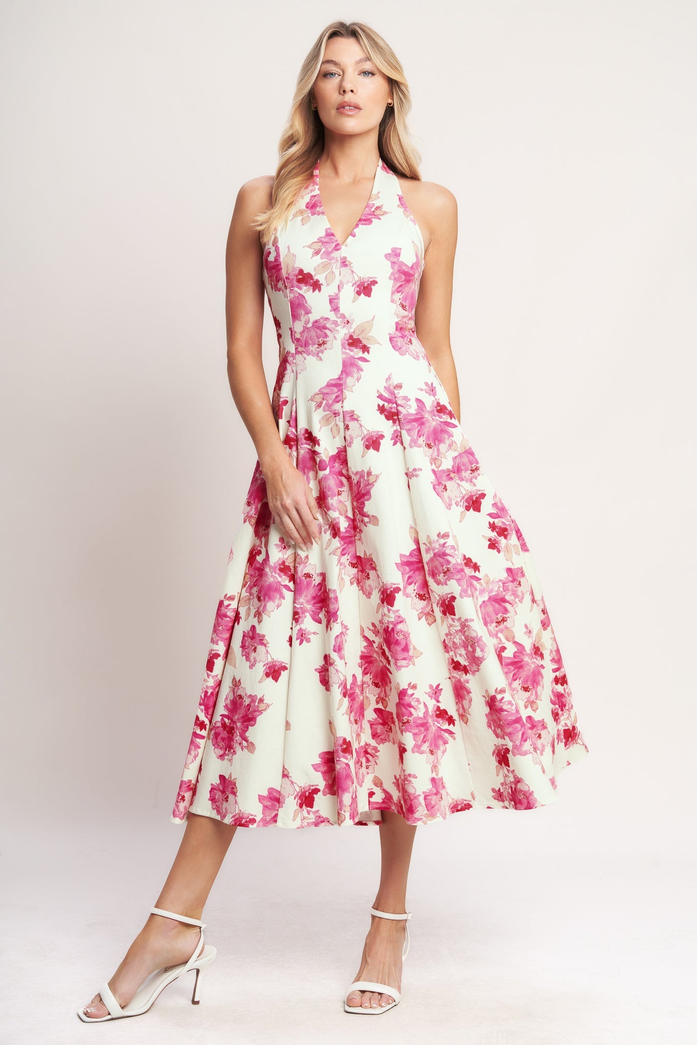 Rosy Afternoon Woven Midi Dress - Ivory Fuchsia Floral