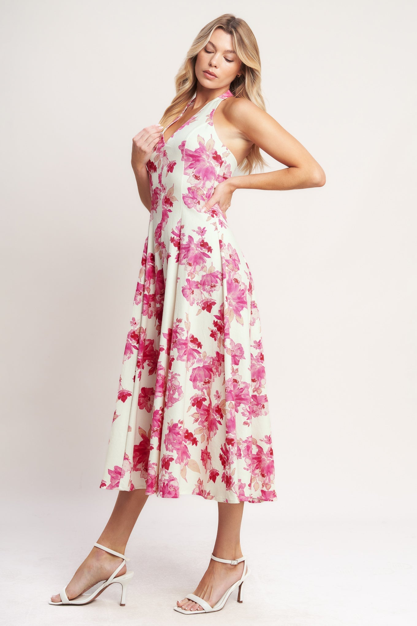Rosy Afternoon Woven Midi Dress - Ivory Fuchsia Floral