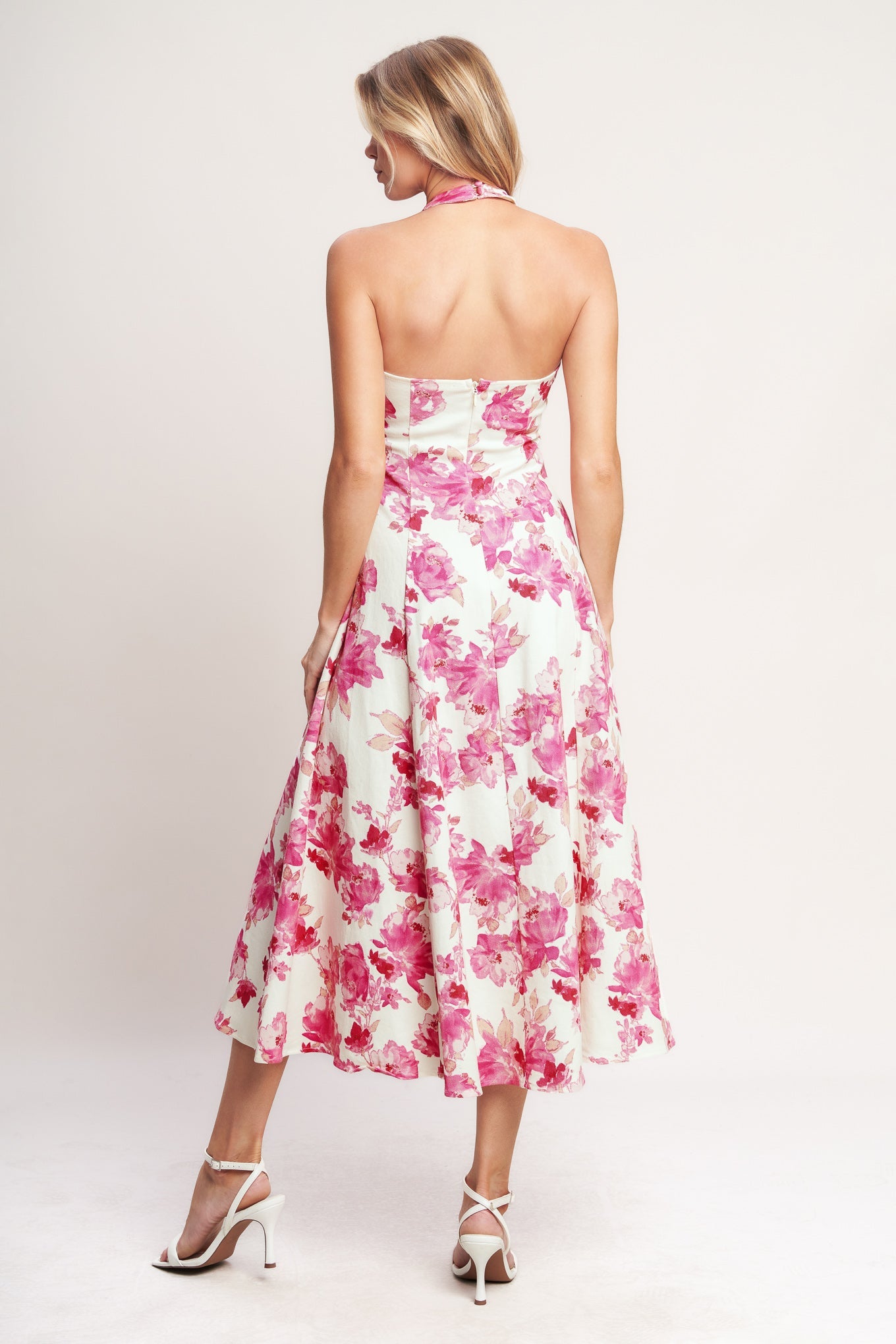 Rosy Afternoon Woven Midi Dress - Ivory Fuchsia Floral