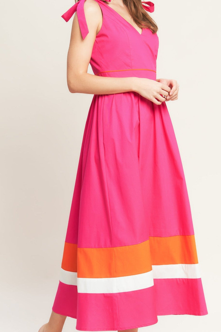 FOREST CHARM FUCHSIA ORANGE WOVEN MIDI DRESS