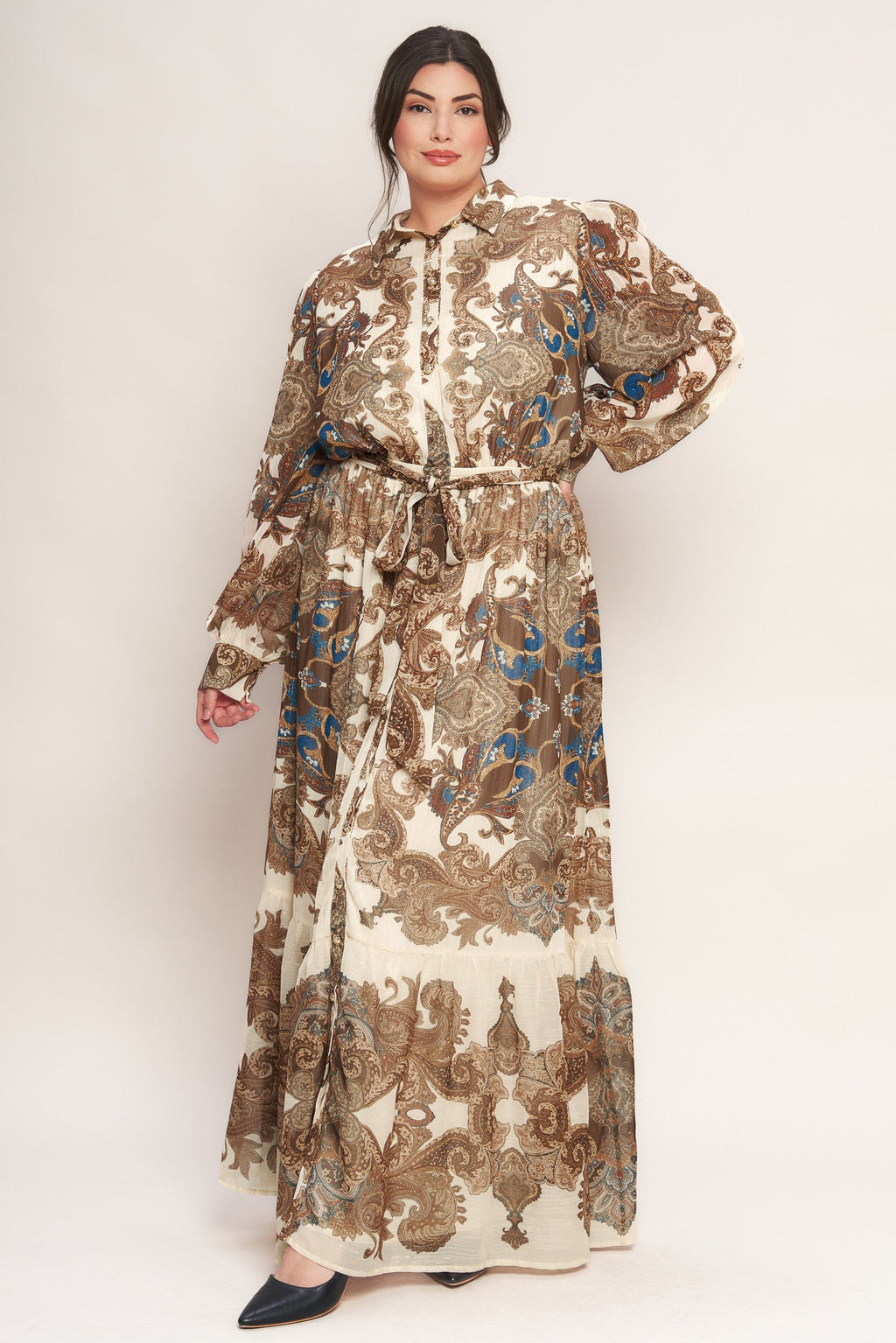Bohemian Tapestry Brown Woven Maxi Dress with Metallic Threading