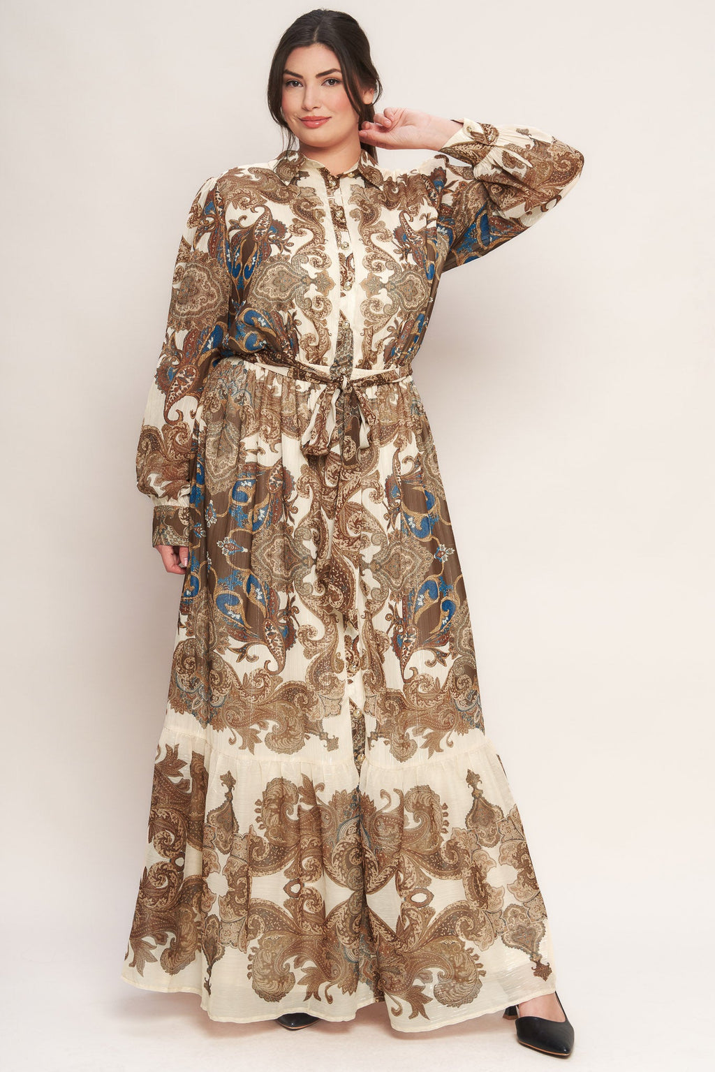 Bohemian Tapestry Brown Woven Maxi Dress with Metallic Threading
