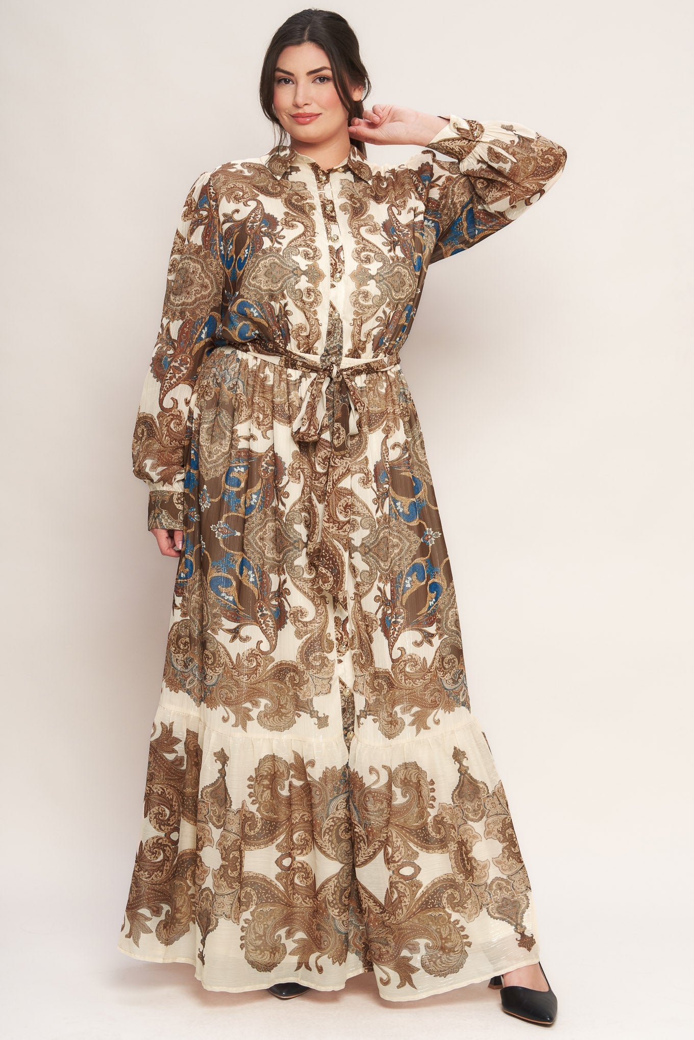 Bohemian Tapestry Brown Woven Maxi Dress with Metallic Threading