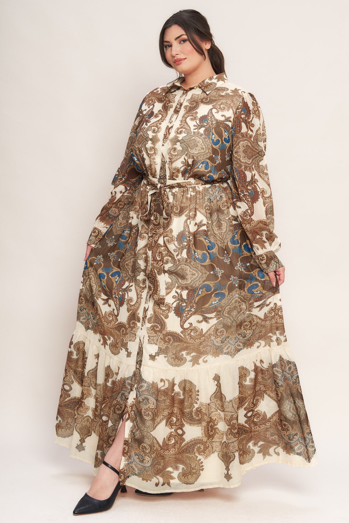 Bohemian Tapestry Brown Woven Maxi Dress with Metallic Threading