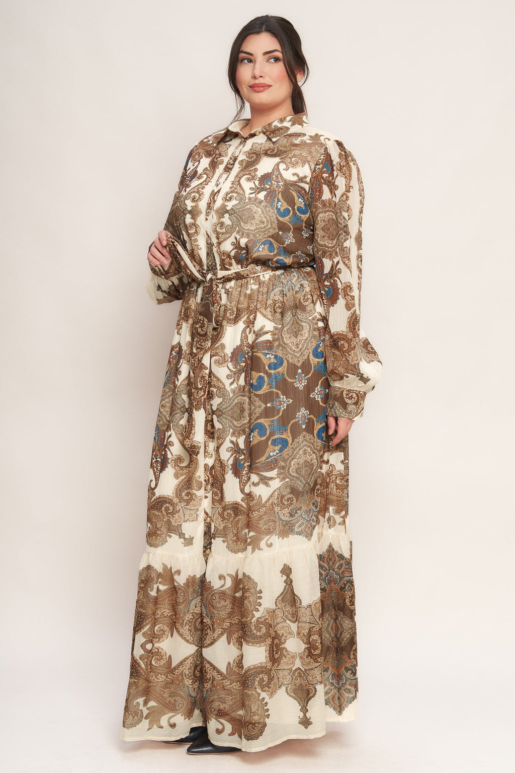 Bohemian Tapestry Brown Woven Maxi Dress with Metallic Threading
