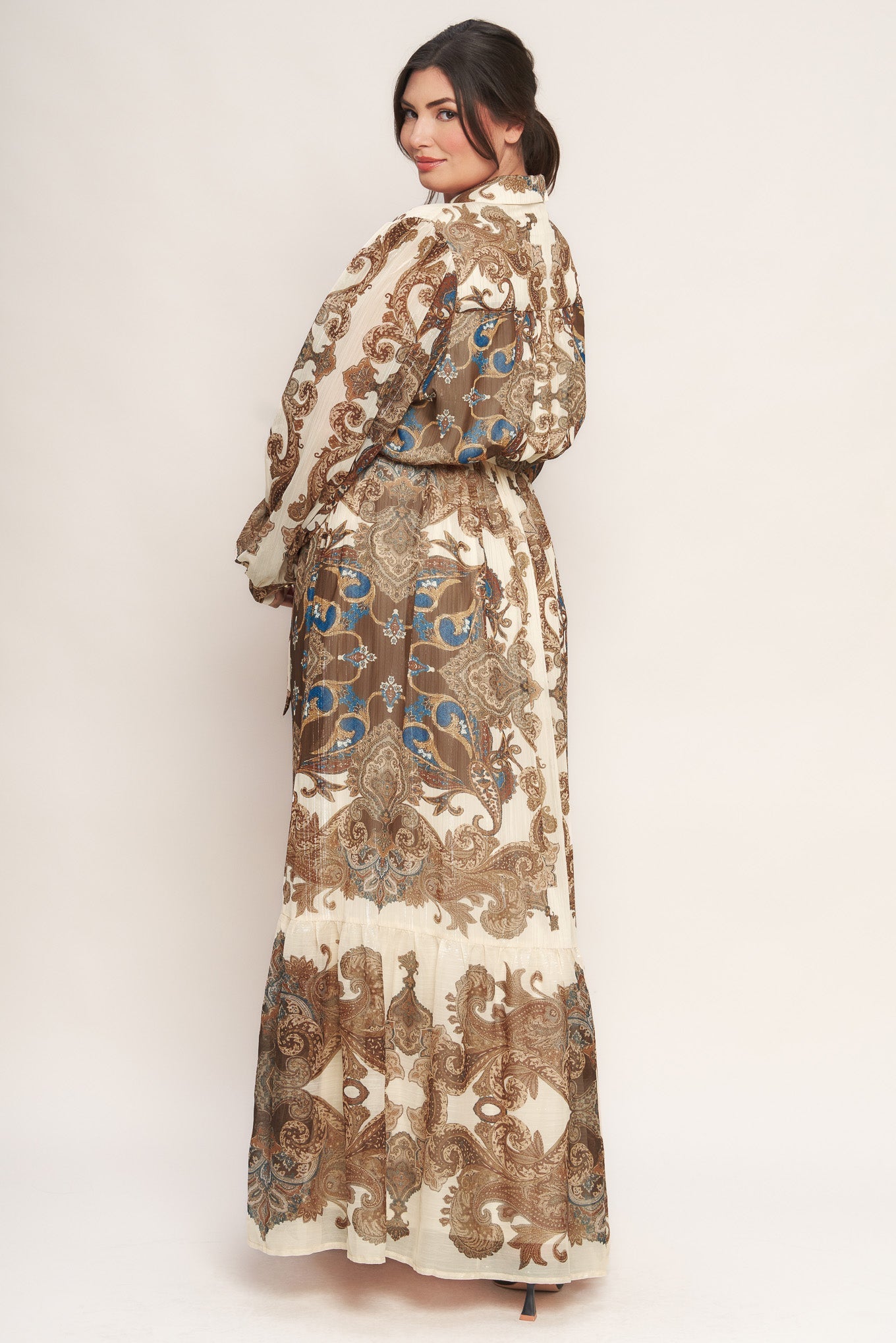 Bohemian Tapestry Brown Woven Maxi Dress with Metallic Threading