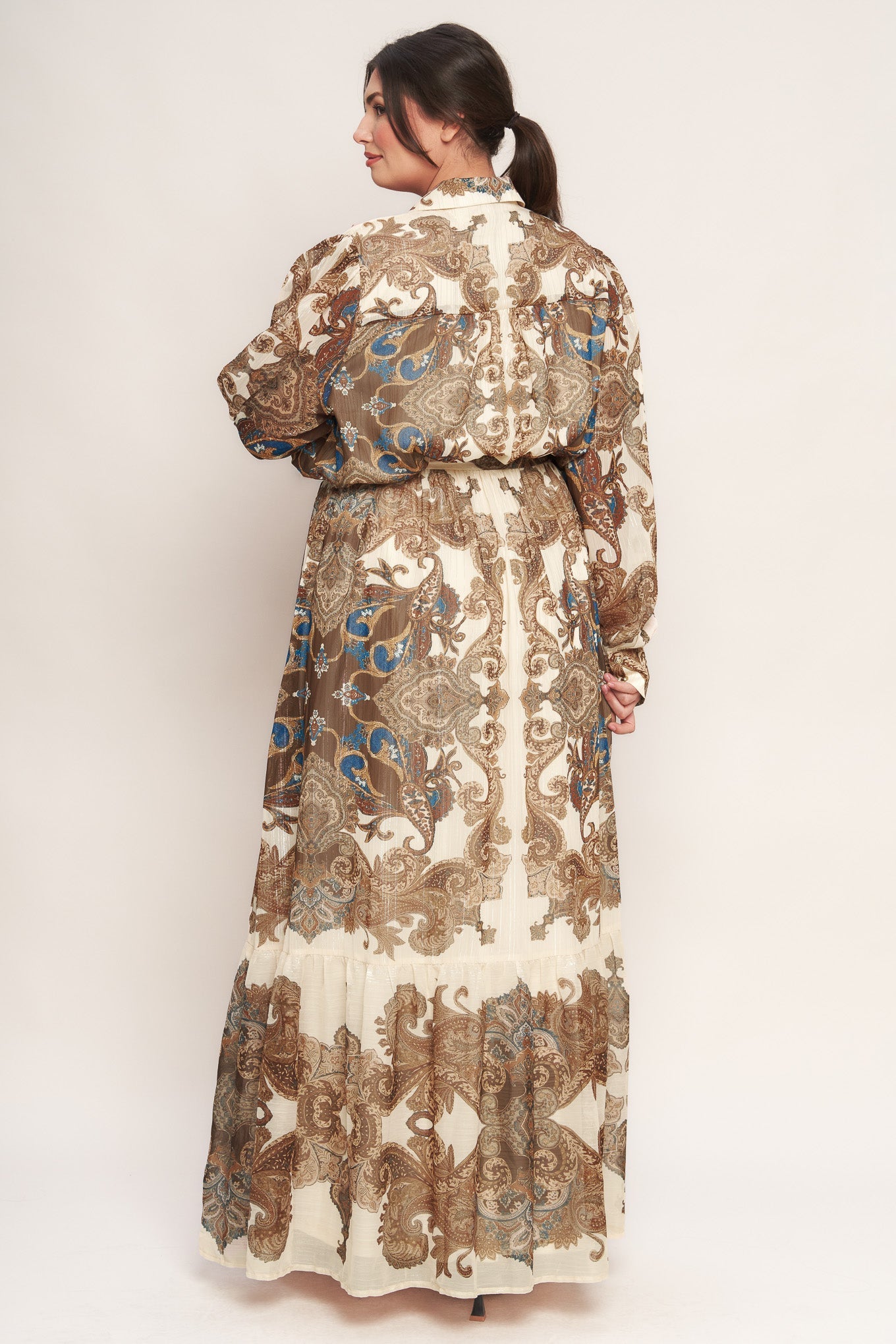 Bohemian Tapestry Brown Woven Maxi Dress with Metallic Threading