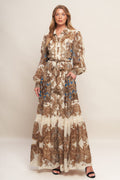 Bohemian Tapestry Brown Woven Maxi Dress with Metallic Threading