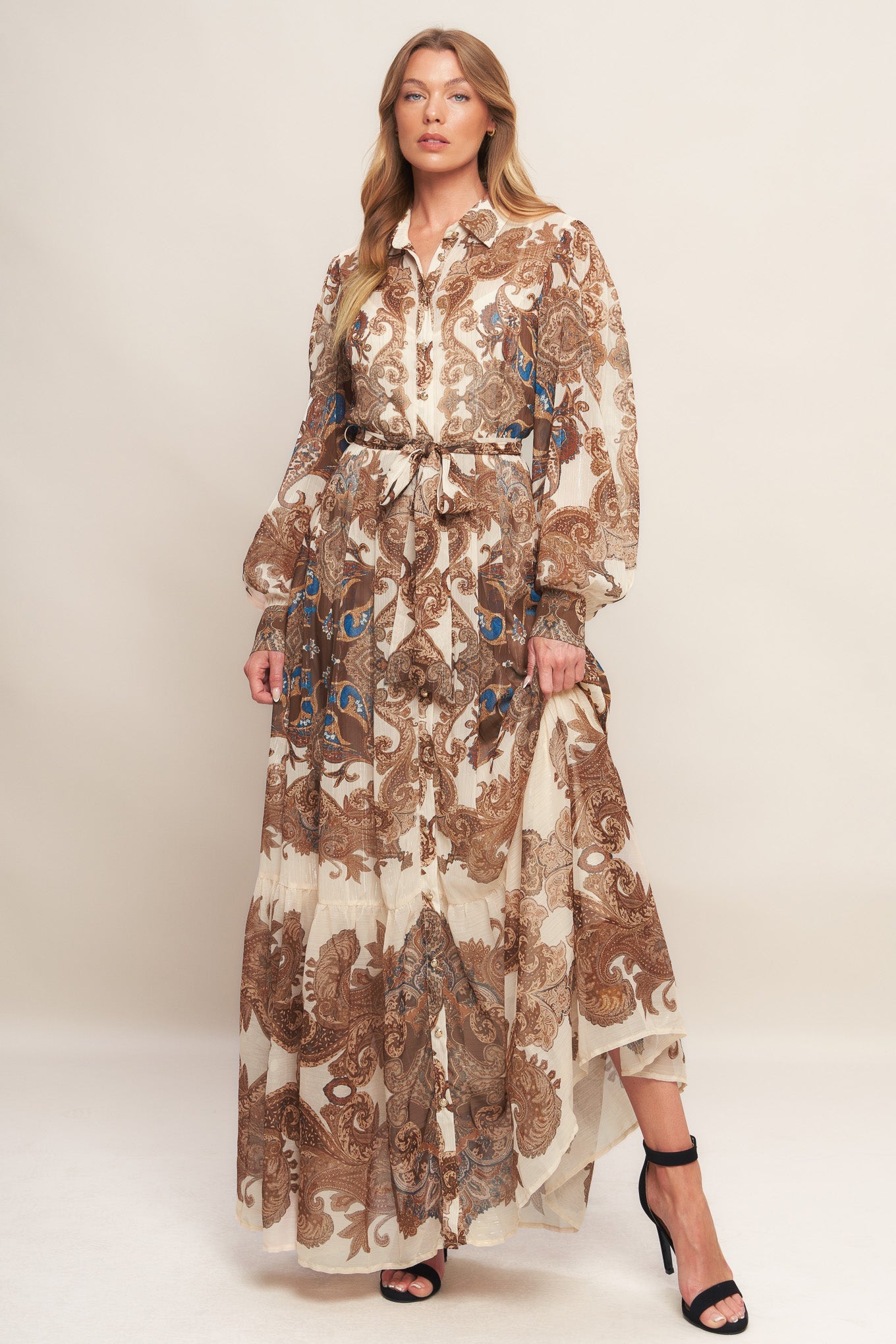 Bohemian Tapestry Brown Woven Maxi Dress with Metallic Threading