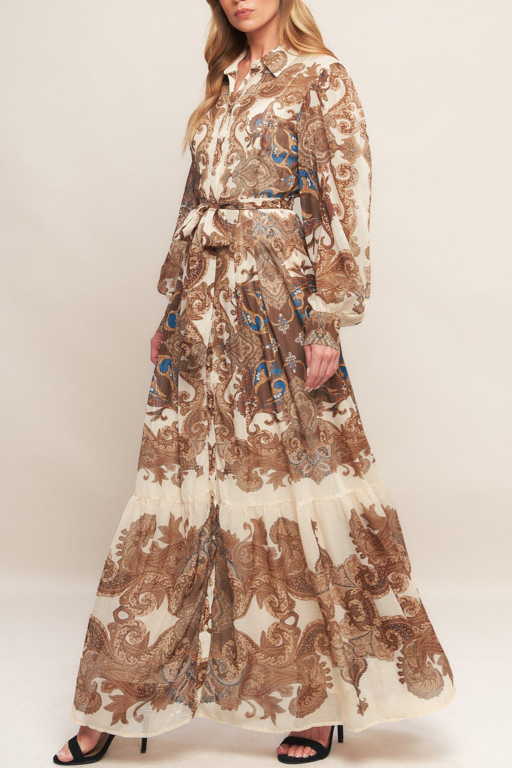Bohemian Tapestry Brown Woven Maxi Dress with Metallic Threading
