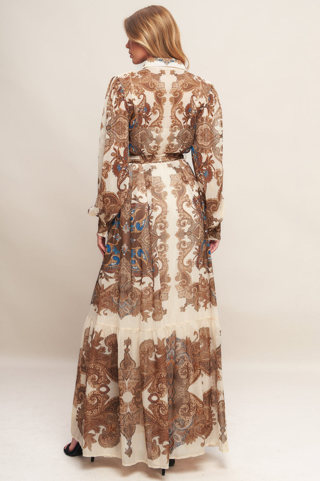 Bohemian Tapestry Brown Woven Maxi Dress with Metallic Threading