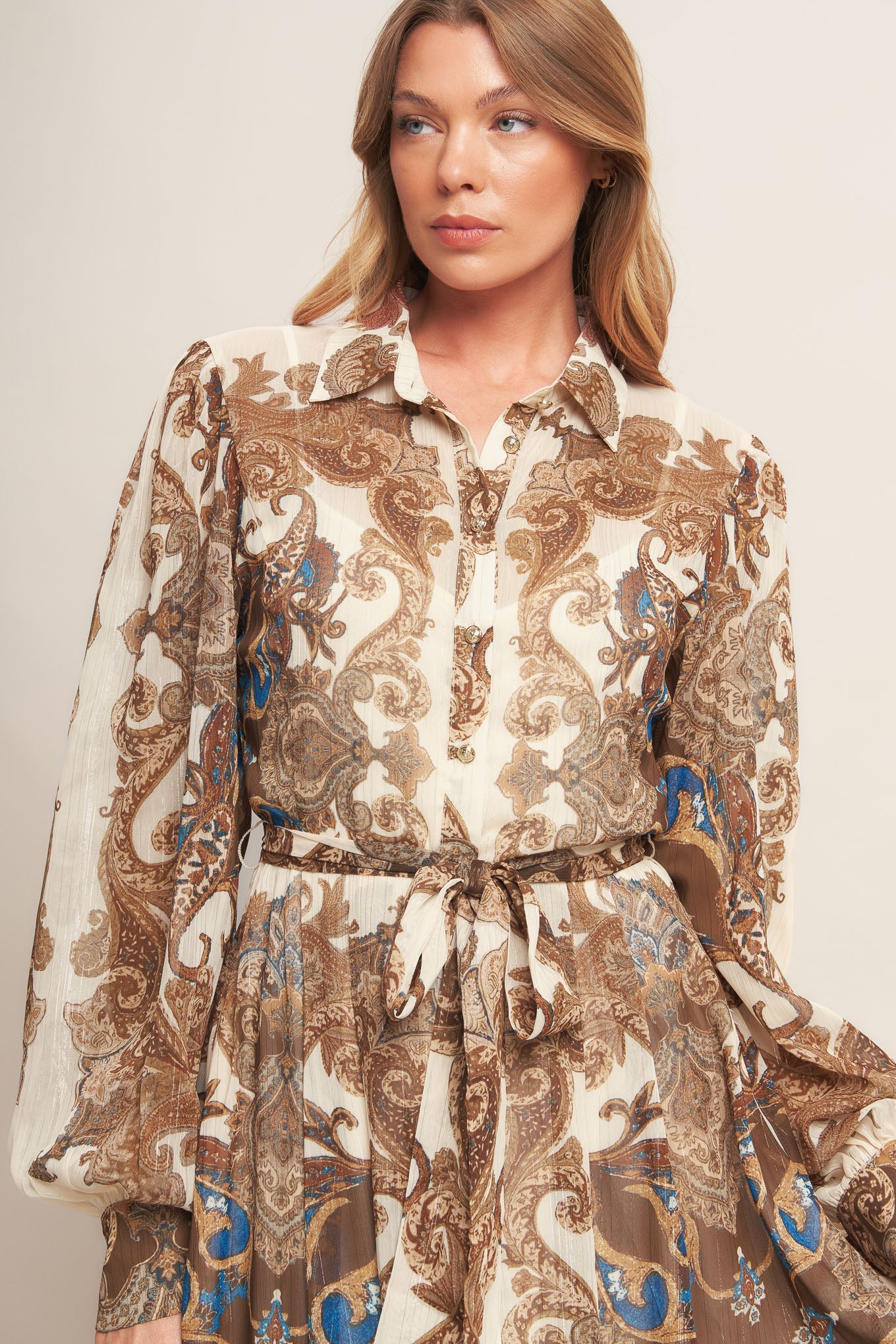 Bohemian Tapestry Brown Woven Maxi Dress with Metallic Threading