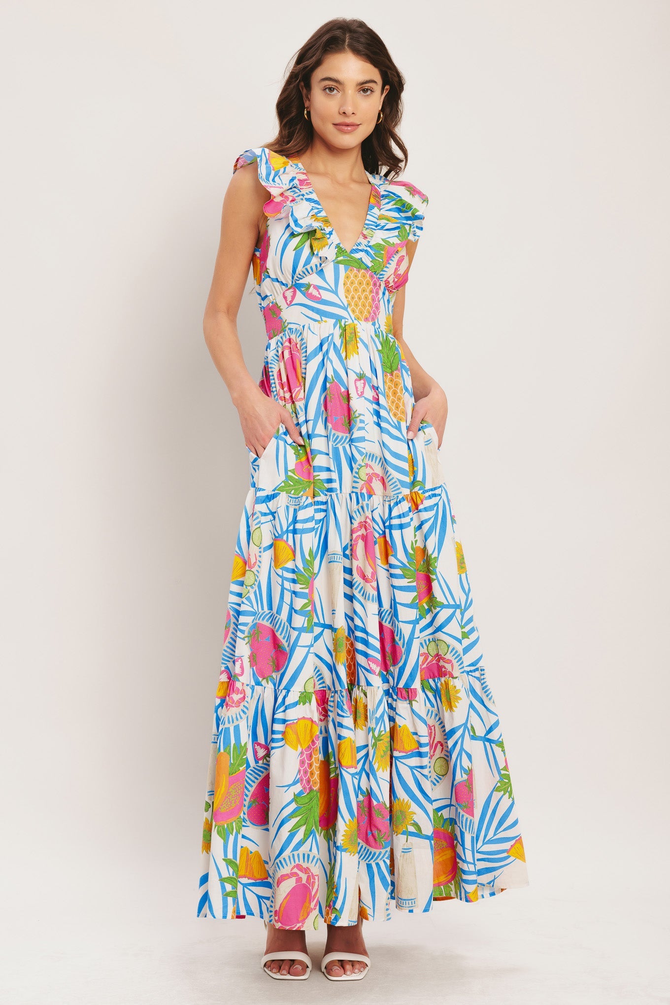 Pineapple Paradise Woven Maxi Dress - Off White Multi Tropical