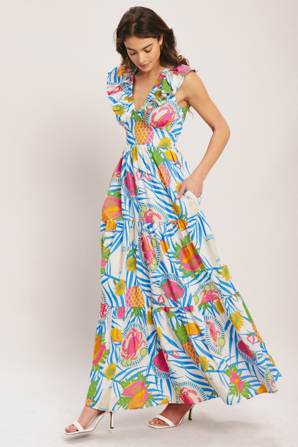 Pineapple Paradise Woven Maxi Dress - Off White Multi Tropical