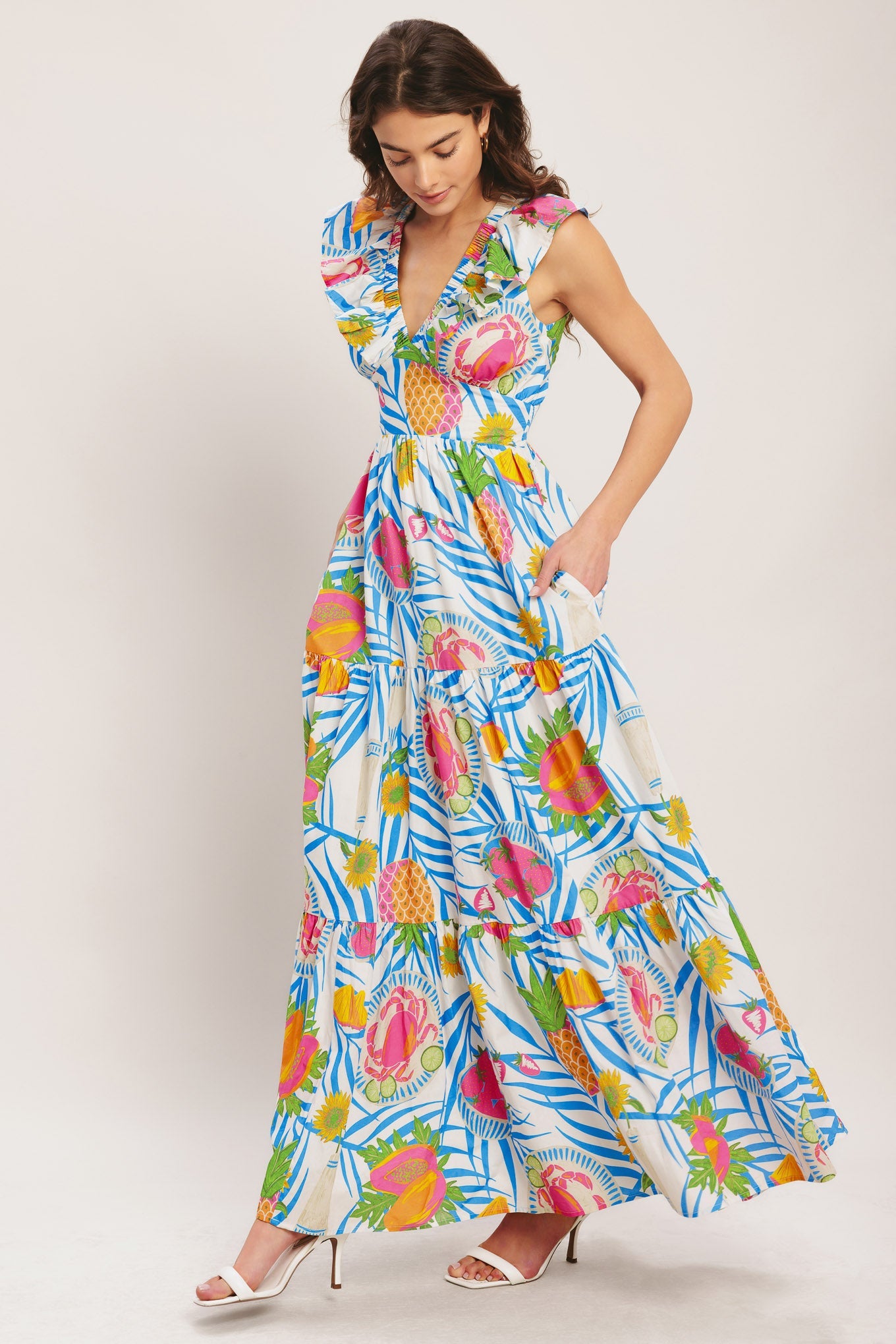 Pineapple Paradise Woven Maxi Dress - Off White Multi Tropical