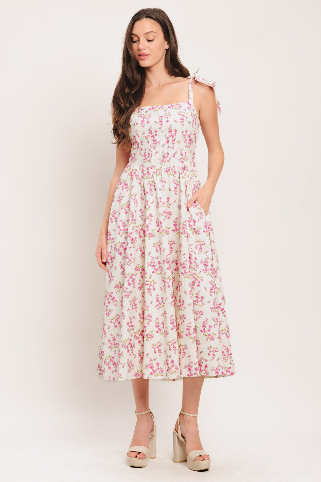 Petals & Promises Woven Midi Dress - Ivory Pink Floral Corset