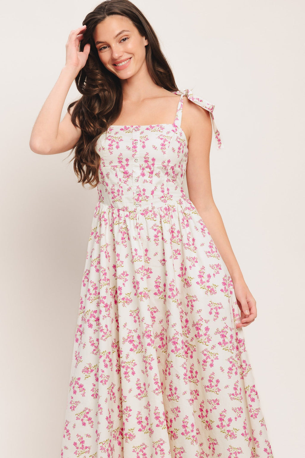 Petals & Promises Woven Midi Dress - Ivory Pink Floral Corset