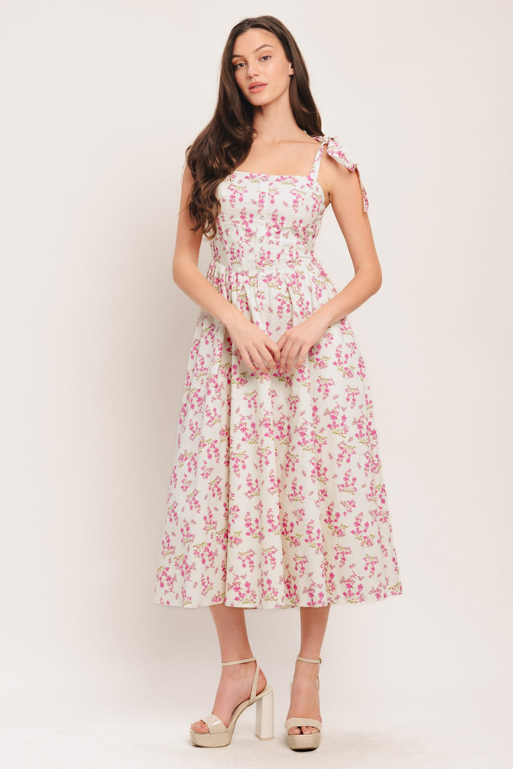 Petals & Promises Woven Midi Dress - Ivory Pink Floral Corset