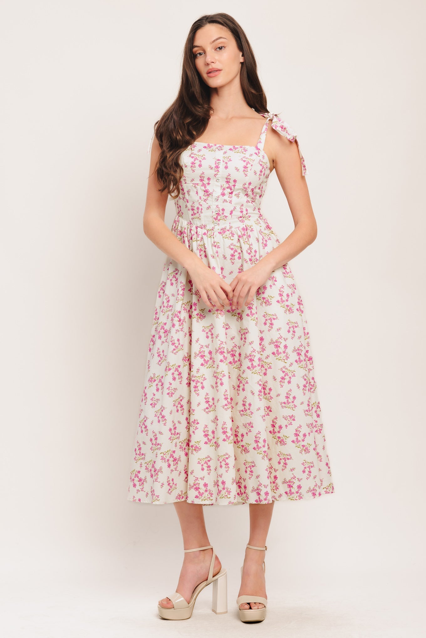 Petals & Promises Woven Midi Dress - Ivory Pink Floral Corset