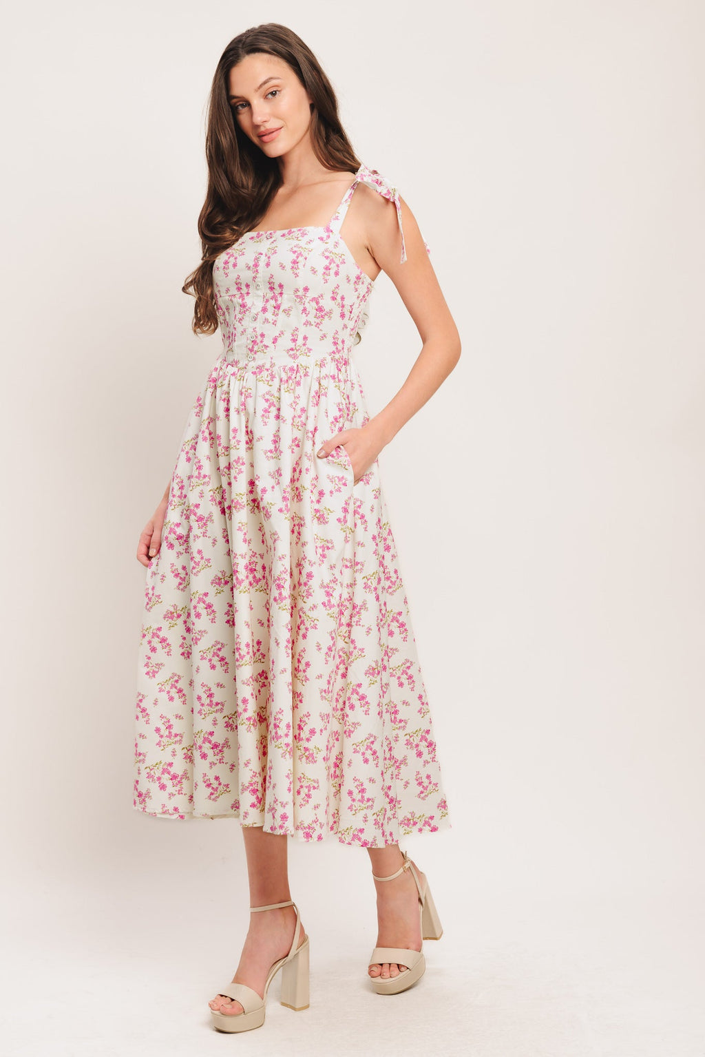 Petals & Promises Woven Midi Dress - Ivory Pink Floral Corset