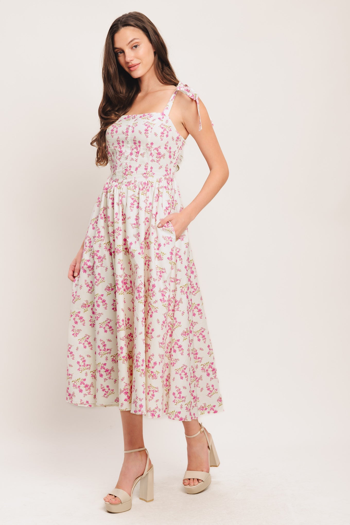Petals & Promises Woven Midi Dress - Ivory Pink Floral Corset
