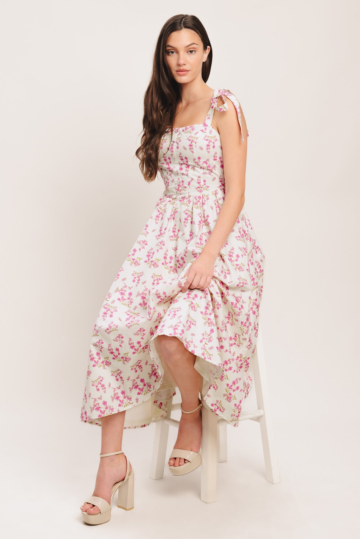 Petals & Promises Woven Midi Dress - Ivory Pink Floral Corset