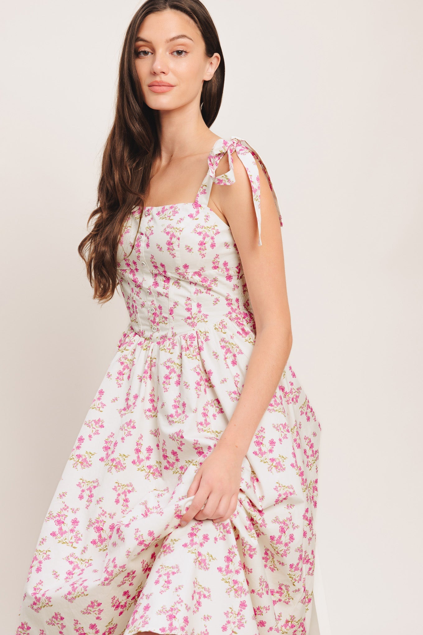 Petals & Promises Woven Midi Dress - Ivory Pink Floral Corset