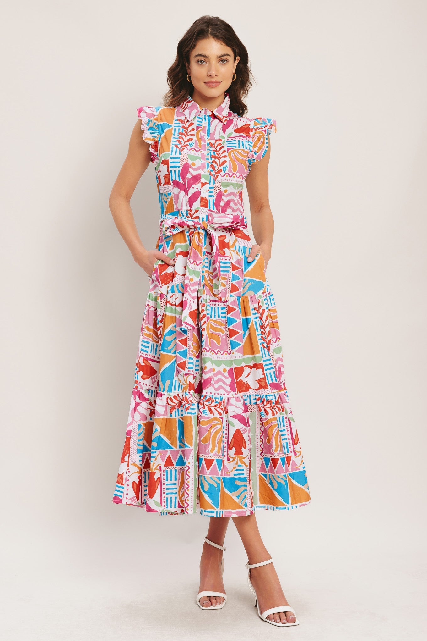Riviera Mosaic Woven Midi Dress - Multi Print Cotton
