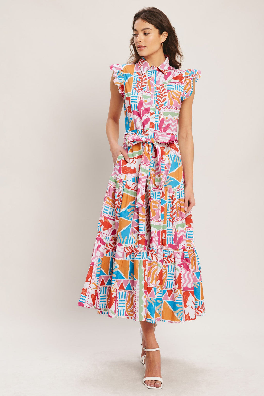 Riviera Mosaic Woven Midi Dress - Multi Print Cotton
