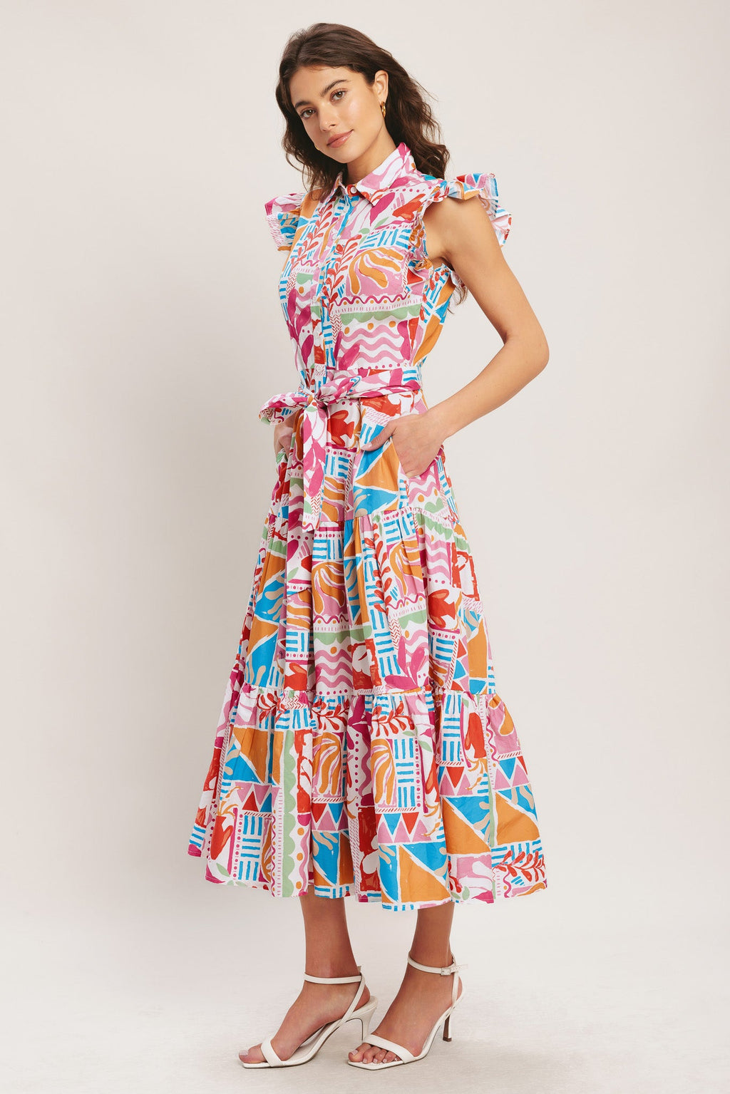 Riviera Mosaic Woven Midi Dress - Multi Print Cotton