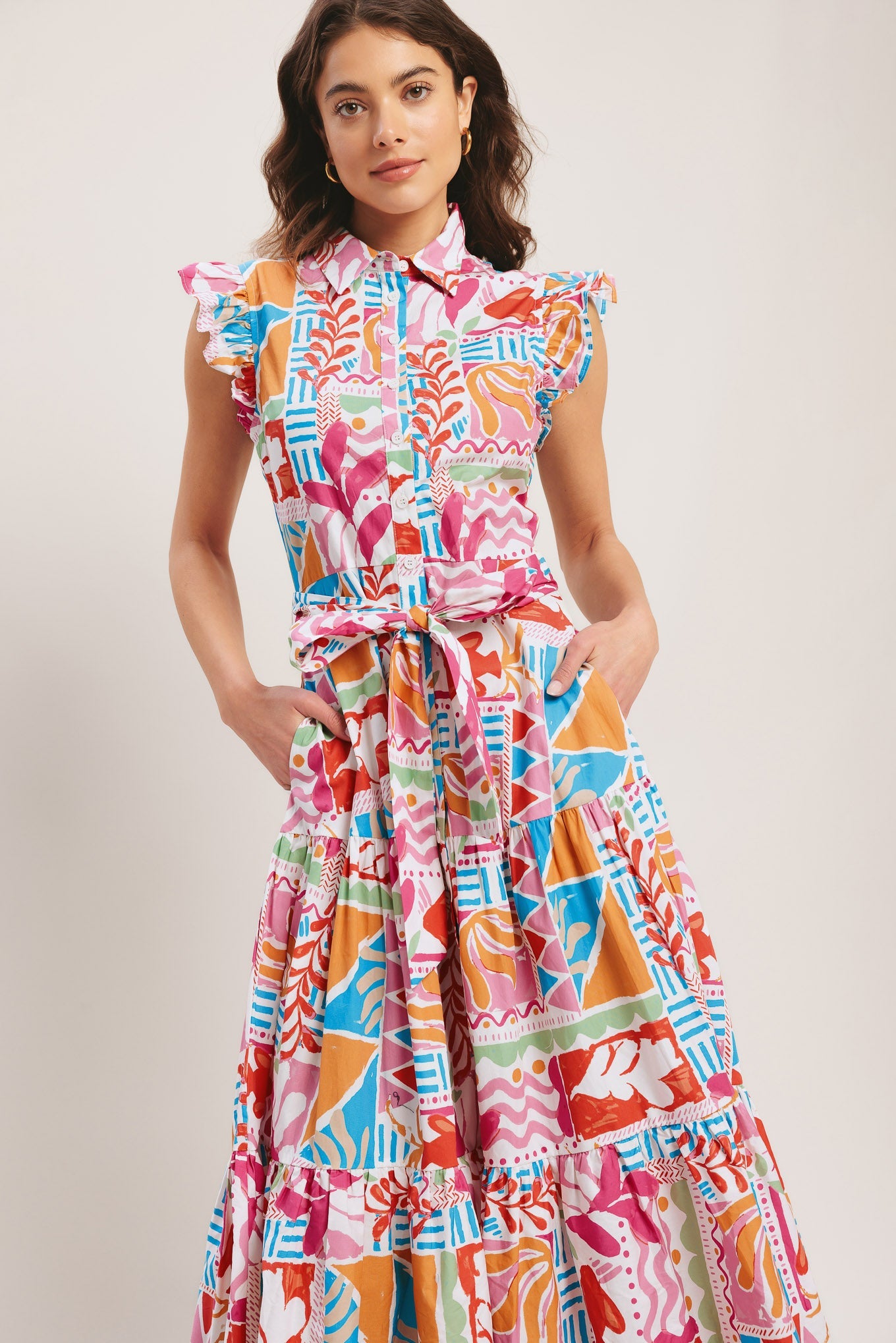 Riviera Mosaic Woven Midi Dress - Multi Print Cotton