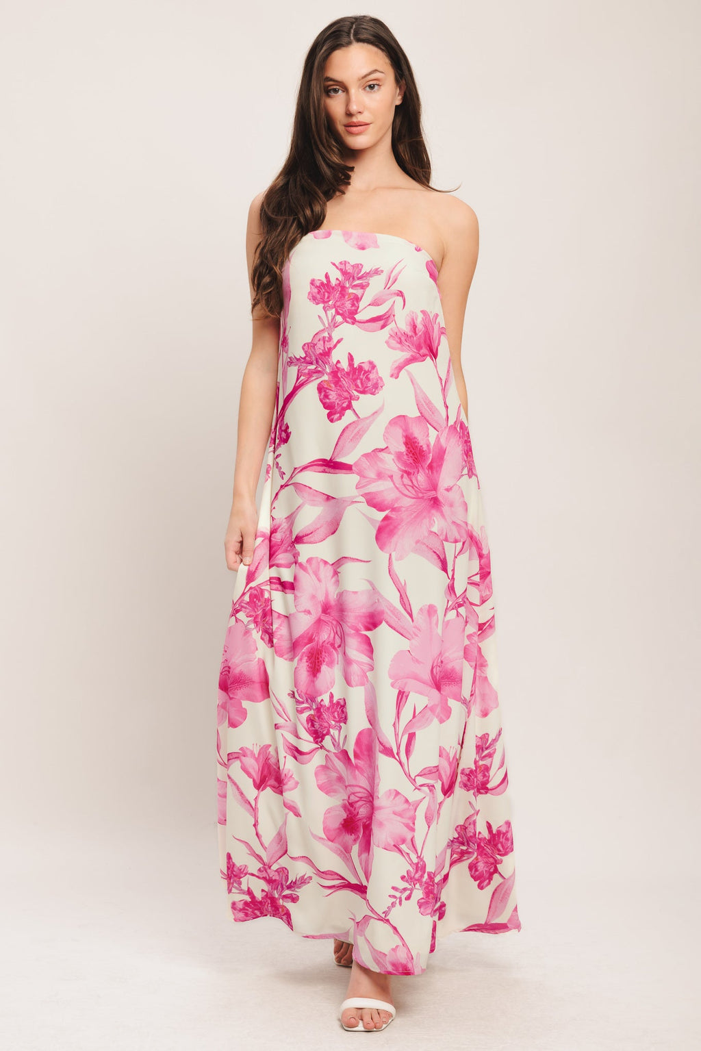 Soft Rose Escape Woven Ankle Dress - Ivory Pink Floral