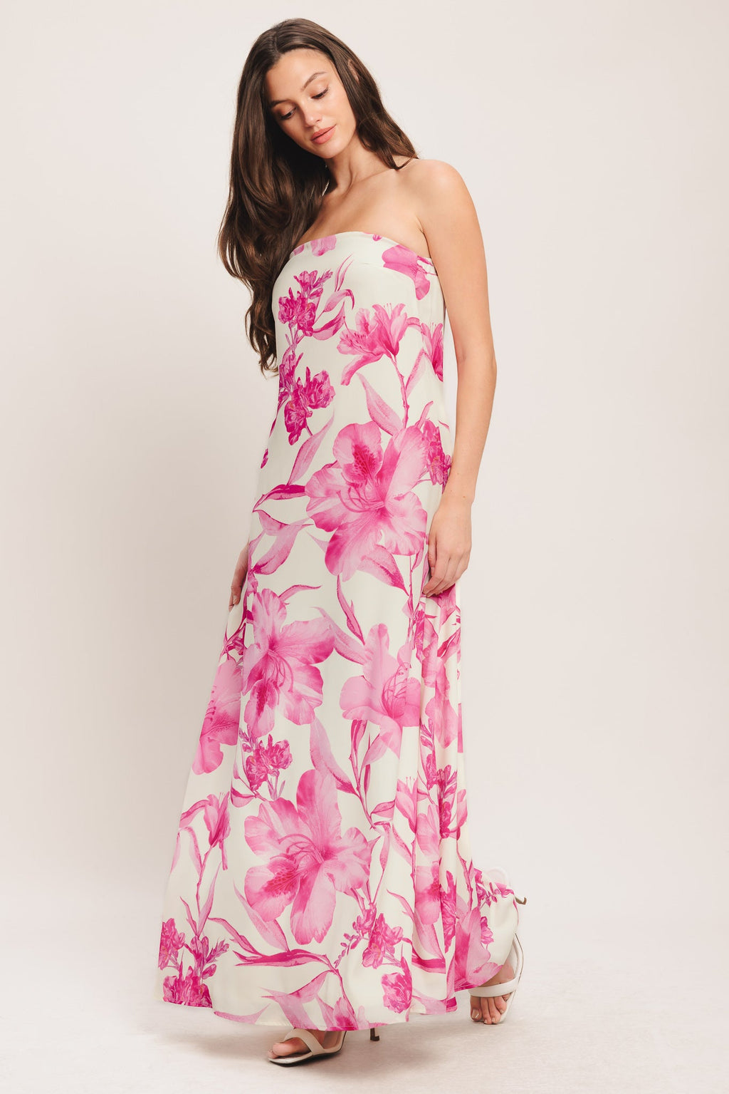 Soft Rose Escape Woven Ankle Dress - Ivory Pink Floral