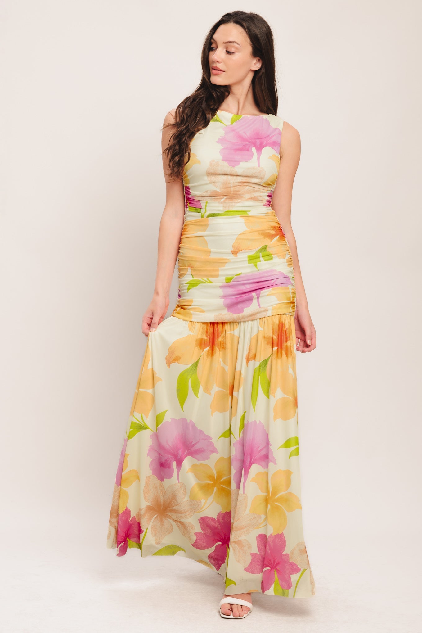 Warm Breeze Blooms Power Mesh Maxi Dress - Ivory Orange Floral
