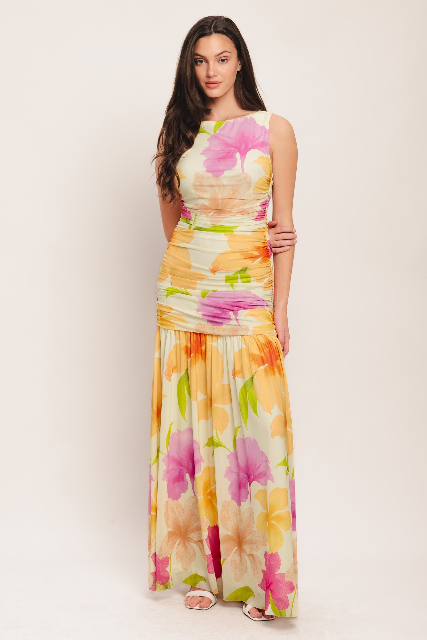 Warm Breeze Blooms Power Mesh Maxi Dress - Ivory Orange Floral