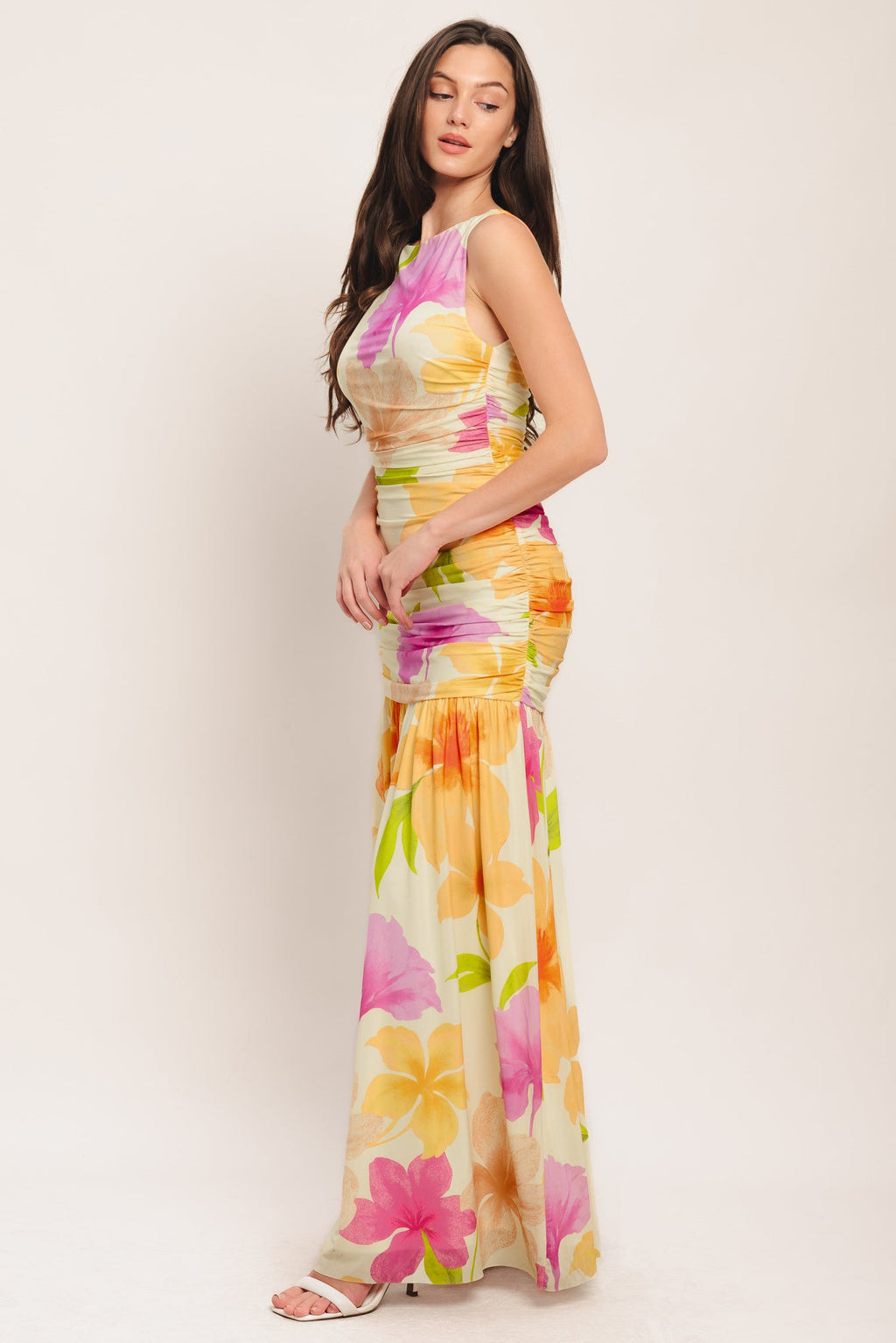 Warm Breeze Blooms Power Mesh Maxi Dress - Ivory Orange Floral