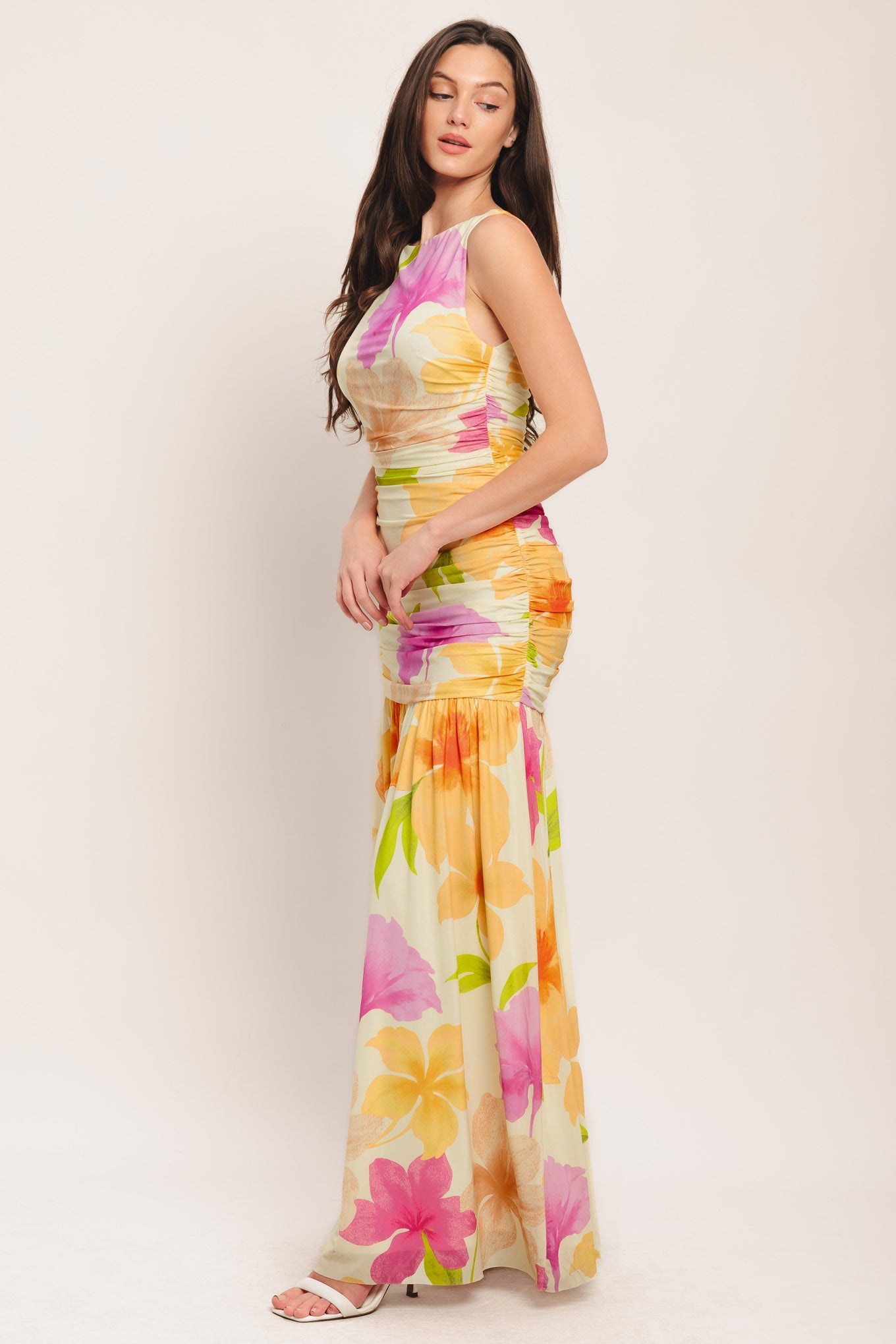 Warm Breeze Blooms Power Mesh Maxi Dress - Ivory Orange Floral