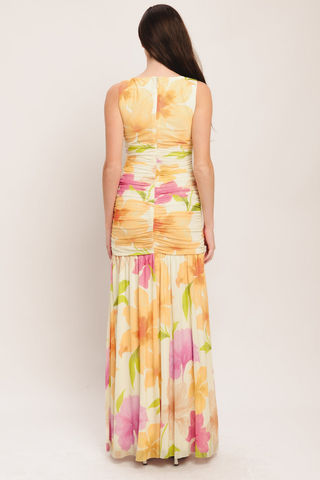 Warm Breeze Blooms Power Mesh Maxi Dress - Ivory Orange Floral