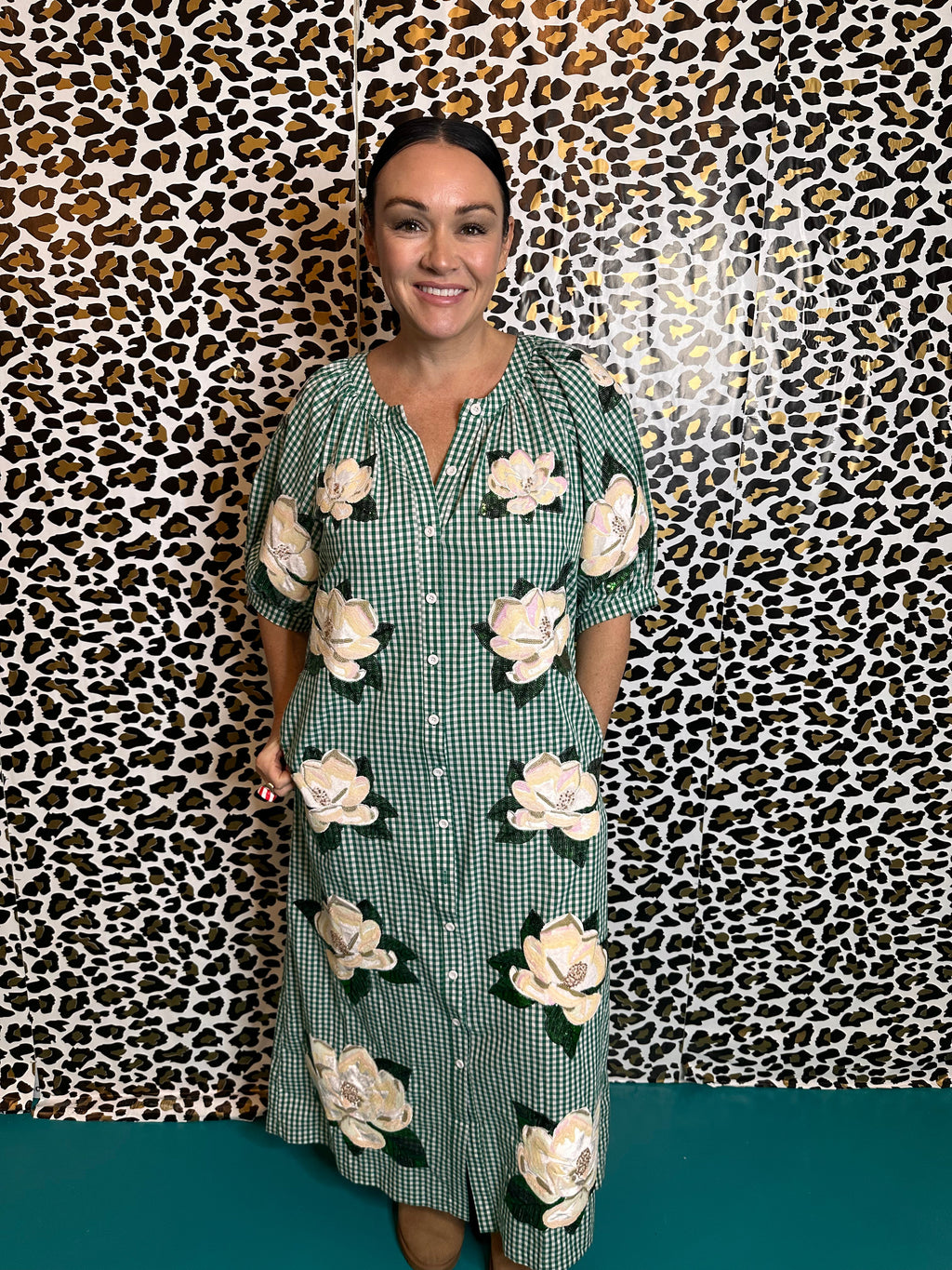 Queen of Sparkles Green Gingham Magnolia Midi Dress