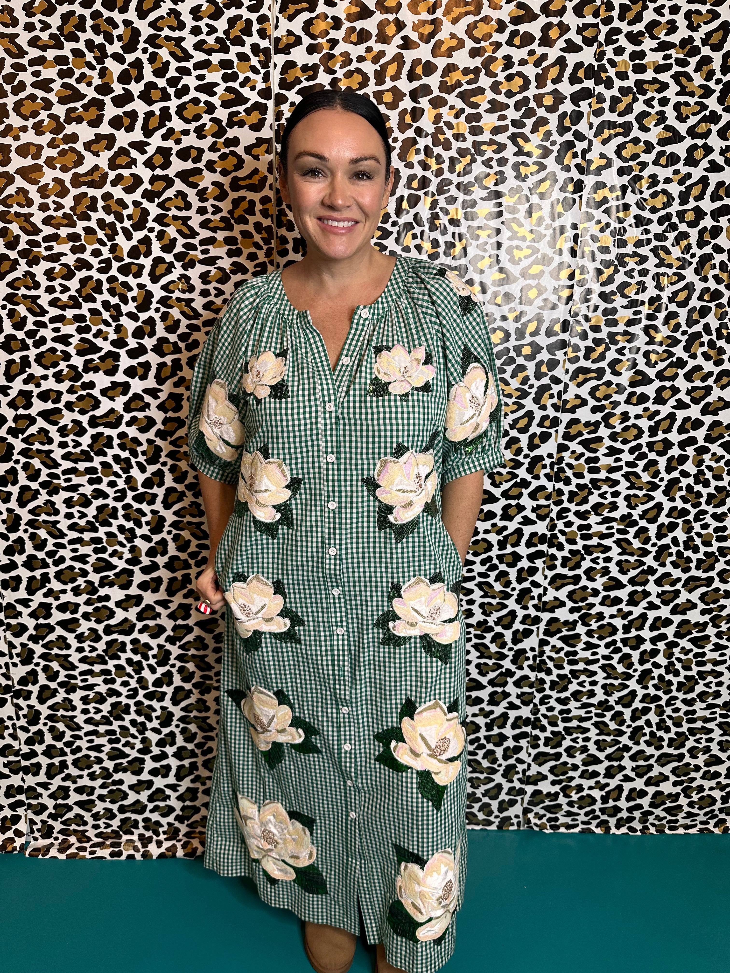 Queen of Sparkles Green Gingham Magnolia Midi Dress