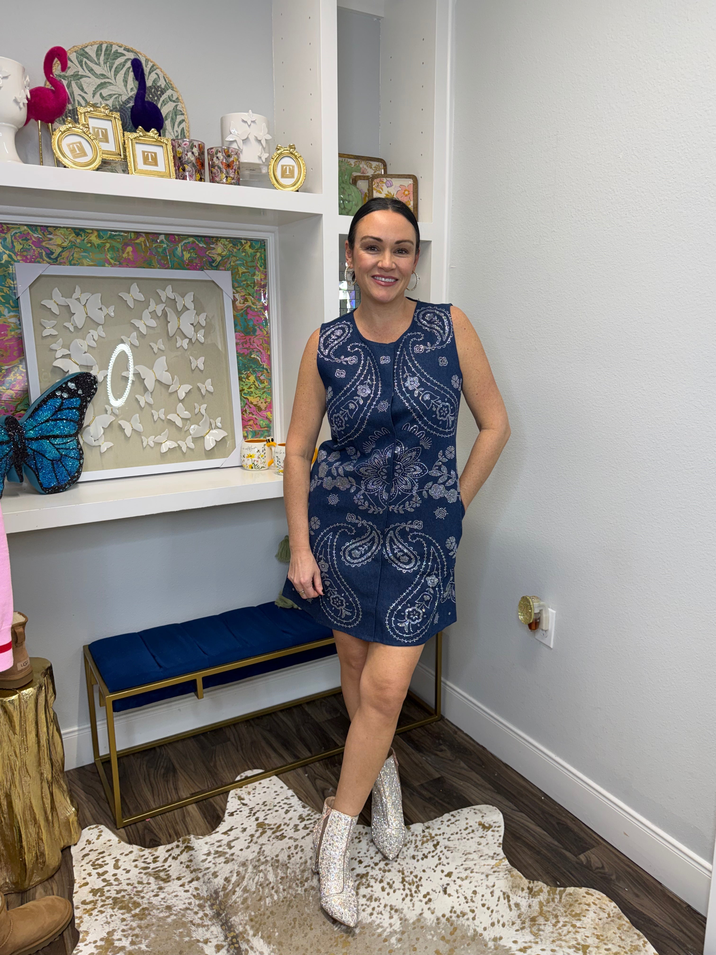 Queen of Sparkles Denim Sequin Paisley Tank Dress