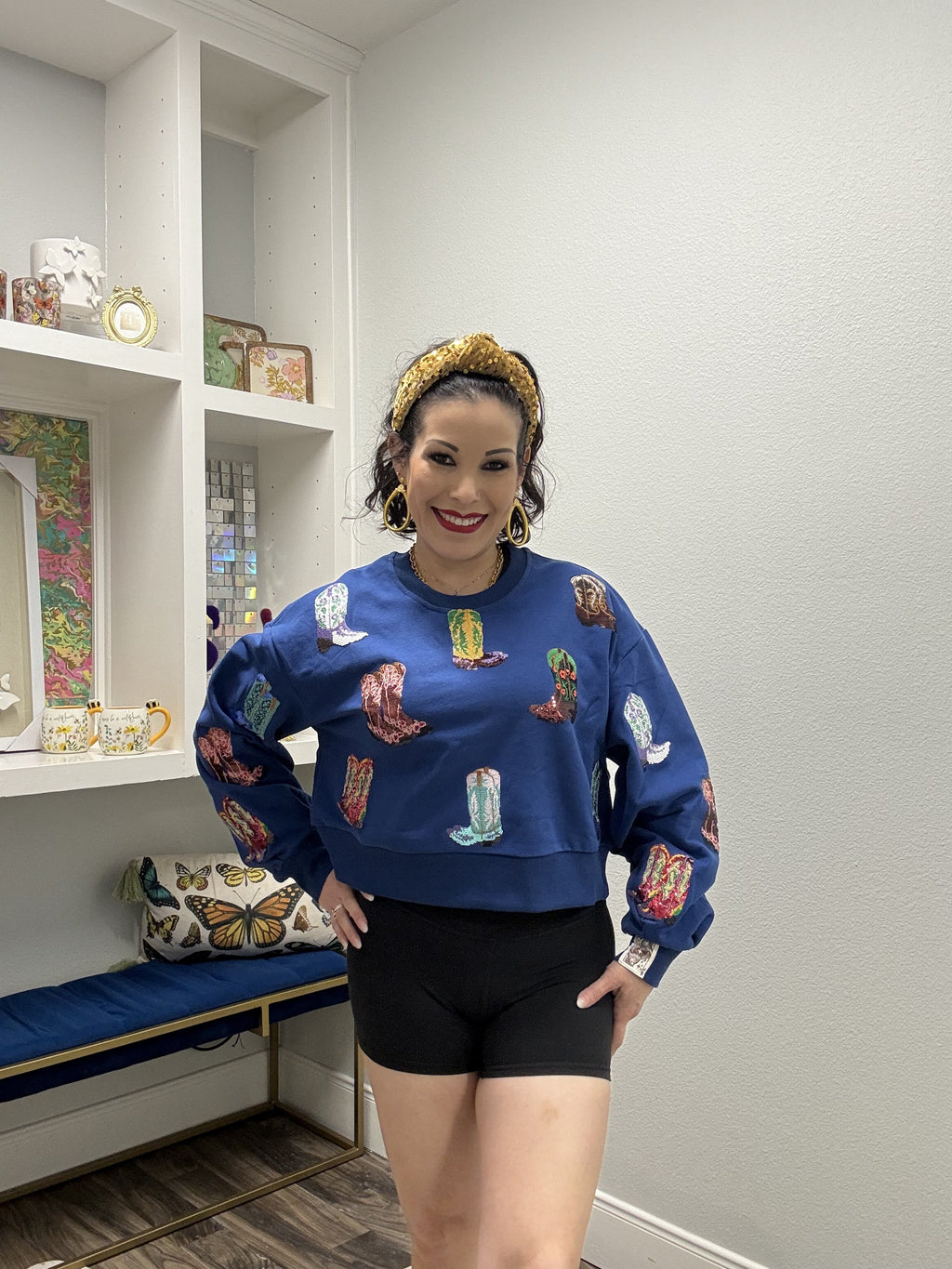 Queen of Sparkles Royal Blue Cowboy Boot Sweatshirt