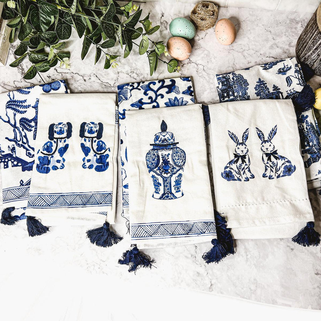 Chinoiserie Embroidered Tea Towels - Blue & White Cotton
