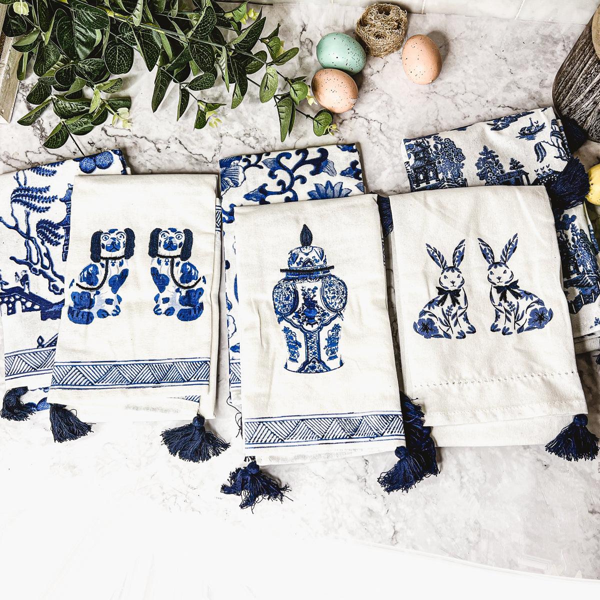 Chinoiserie Embroidered Tea Towels - Blue & White Cotton