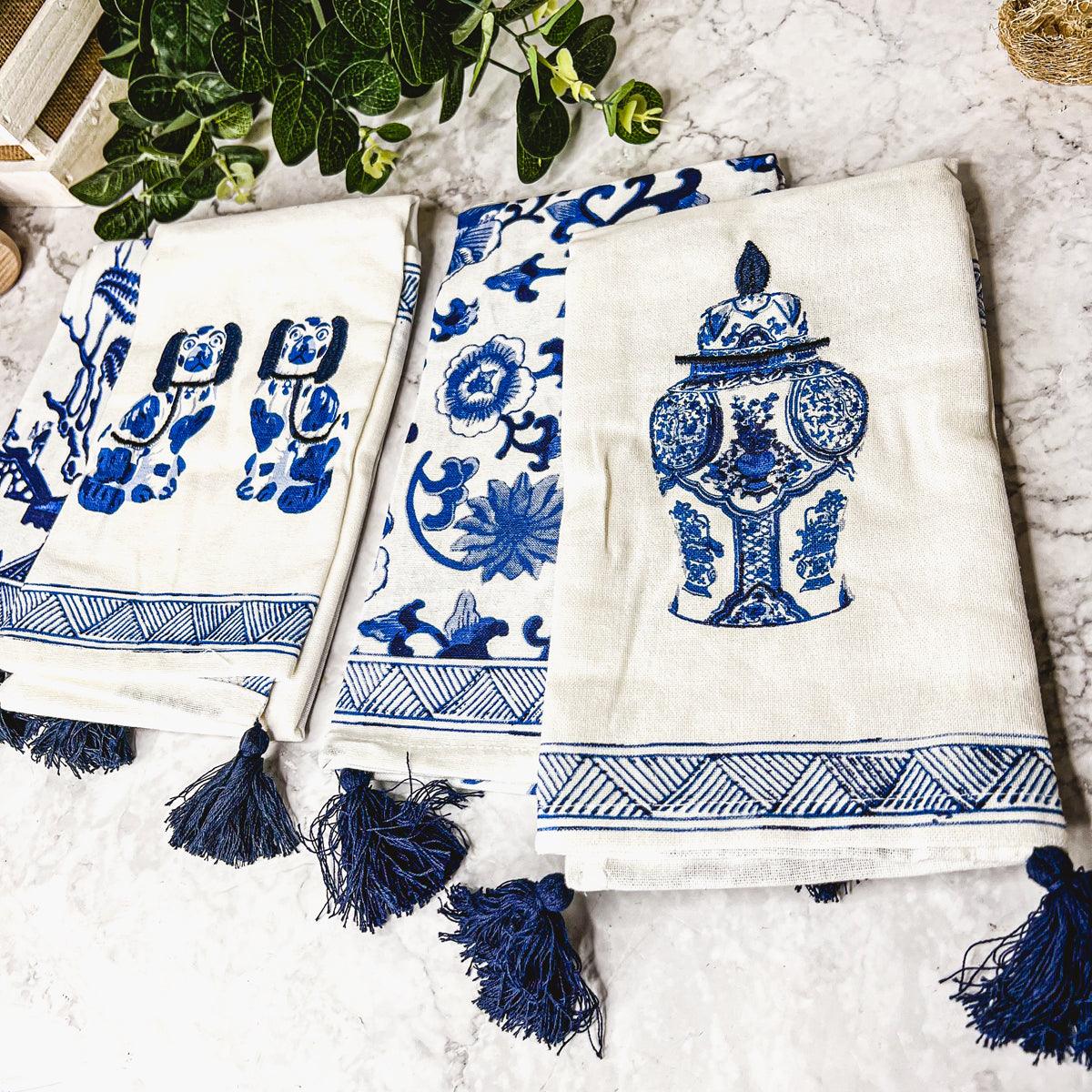Chinoiserie Embroidered Tea Towels - Blue & White Cotton