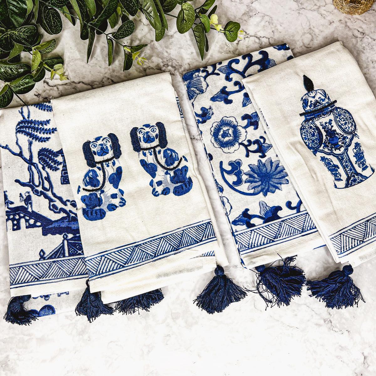 Chinoiserie Embroidered Tea Towels - Blue & White Cotton