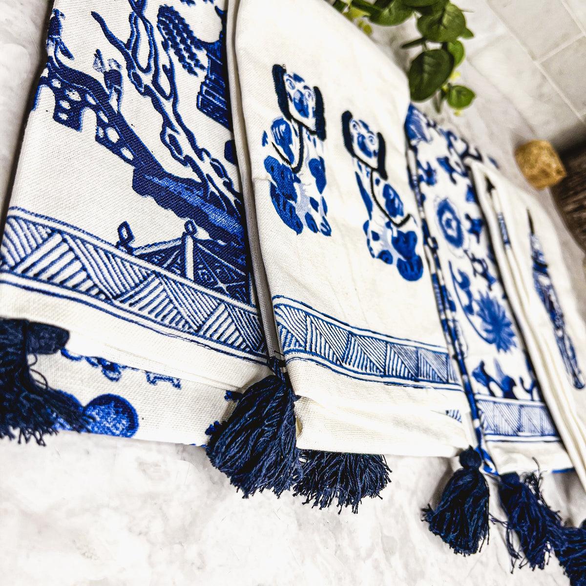 Chinoiserie Embroidered Tea Towels - Blue & White Cotton
