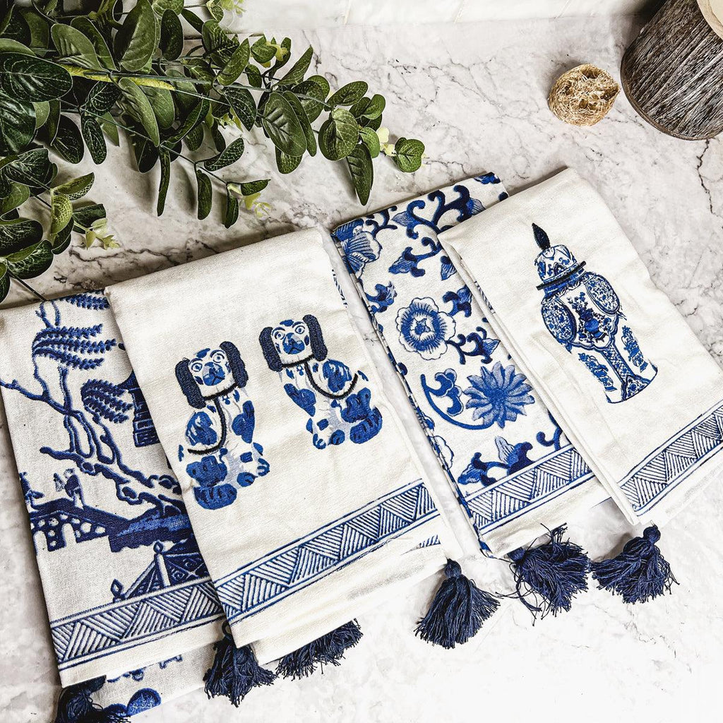 Chinoiserie Embroidered Tea Towels - Blue & White Cotton